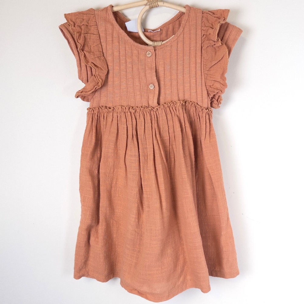 Zara Ruffle Sleeve Mixed Media Dress Girls 3-4 Years Terracotta Orange Boho